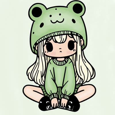a girl wearing a frog hat and some frog socks