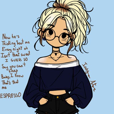 girl with a messy ponytail glasses a baggy crop top and jean shorts