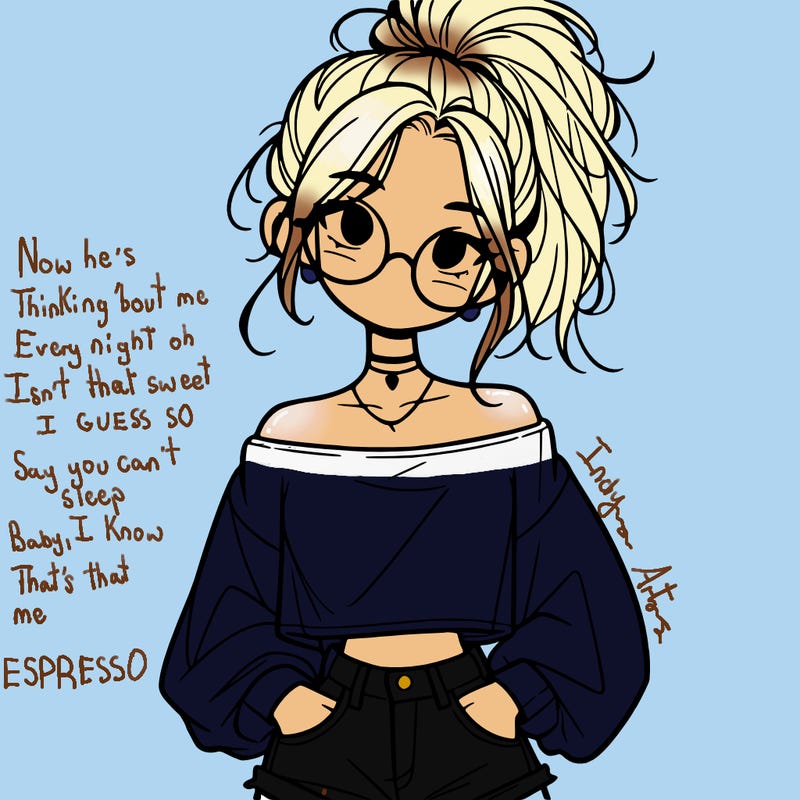 girl with a messy ponytail glasses a baggy crop top and jean shorts