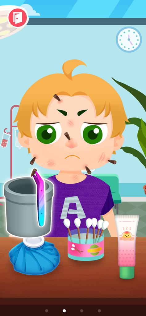 Cartoon boy with splinters on his face being treated with tweezers in a doctor game.