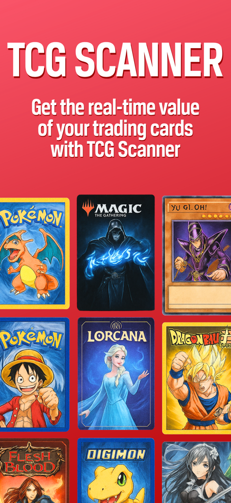TCG Scanner: AI - Promotional screen of TCG Scanner AI app displaying various trading cards including Pokemon Magic The Gathering and Lorcana for real-time value tracking.