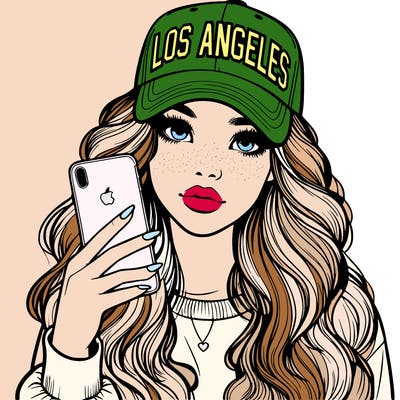 realistic beautiful girl wearing los ángeles cap holding an iphone