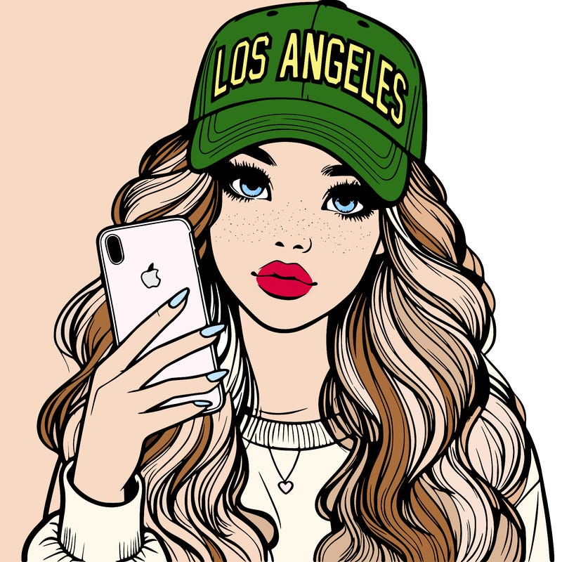 realistic beautiful girl wearing los ángeles cap holding an iphone