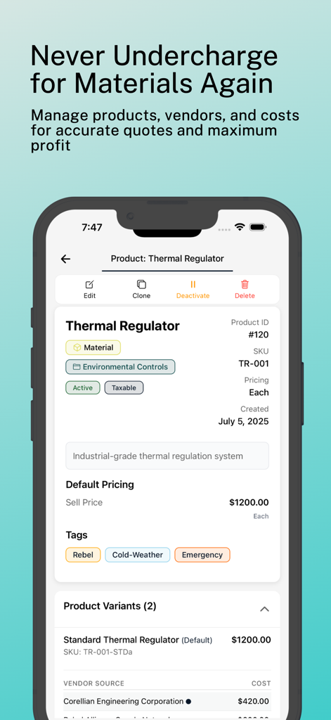 Plyer Electrician Field App - Interfaz de la aplicación Plyer que muestra el seguimiento de costos de materiales y la gestión de proveedores para electricistas
