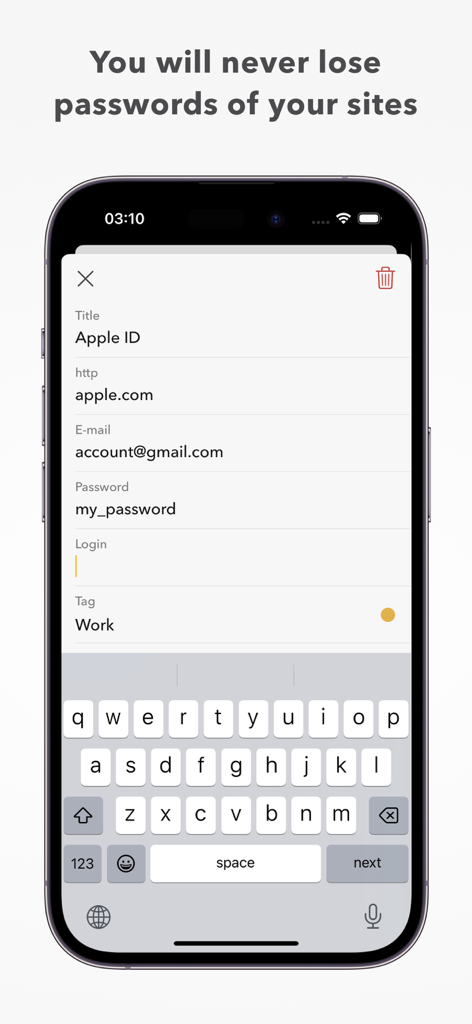 Cloud Passwords - Interfaz de la aplicación Contraseñas en la Nube en iPhone mostrando un formulario de entrada de nueva contraseña para una cuenta de Apple ID.
