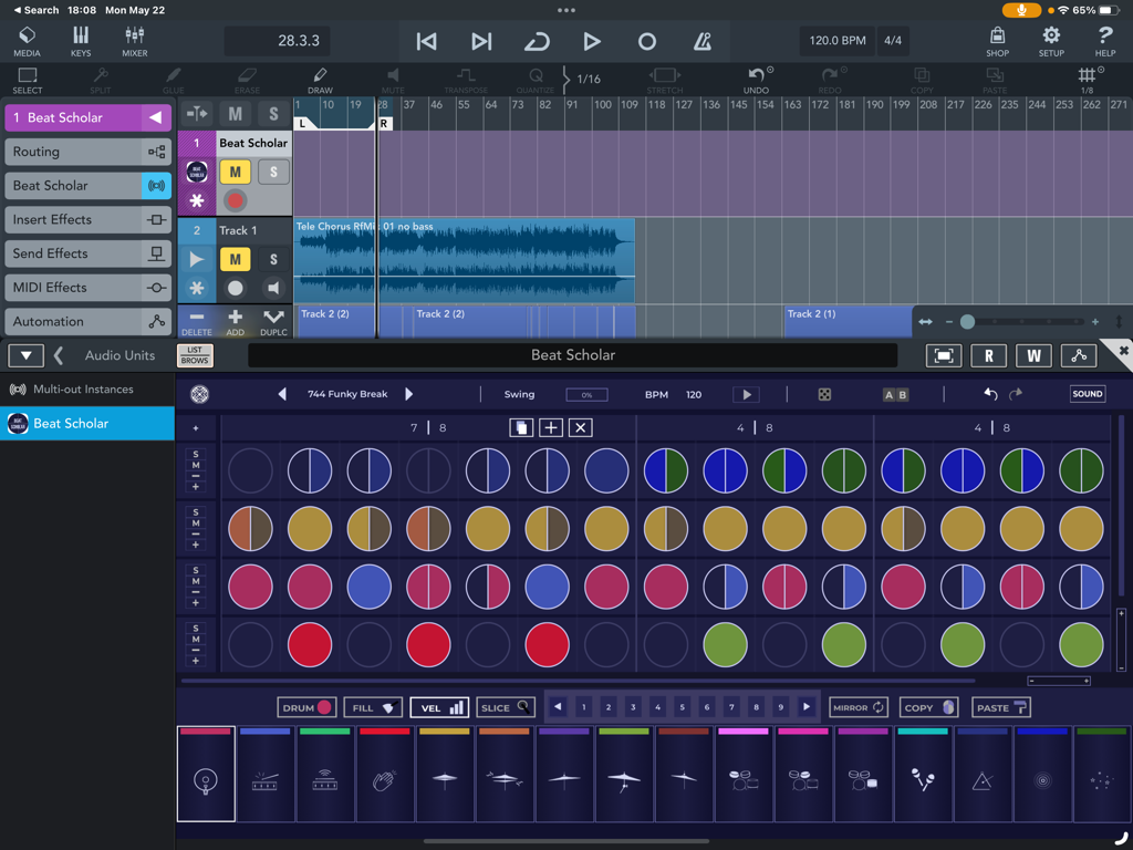 Beat Scholar Mobile - Beat Scholar Mobile rhythm composer interface showing circular beat subdivisions and drum pads on an iPad DAW