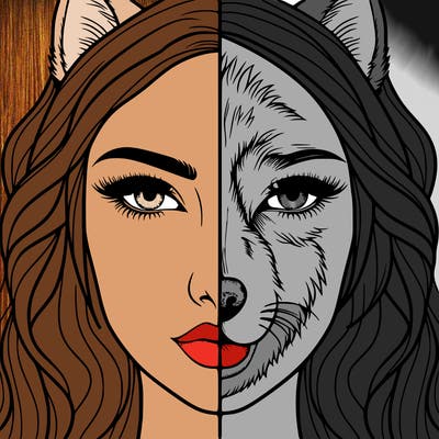split face realistic woman and wolf