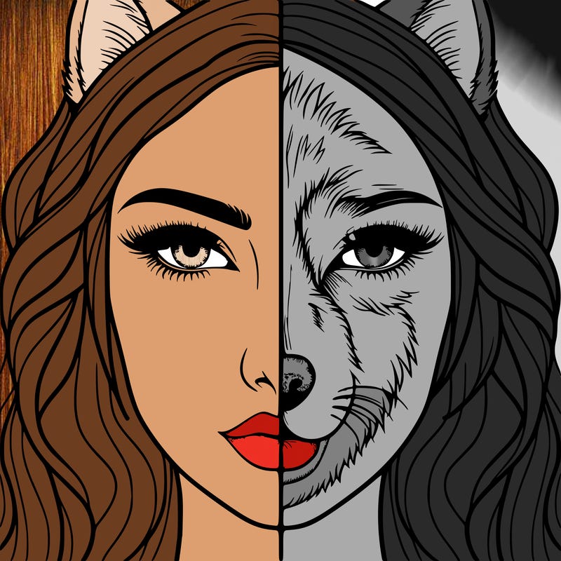 split face realistic woman and wolf