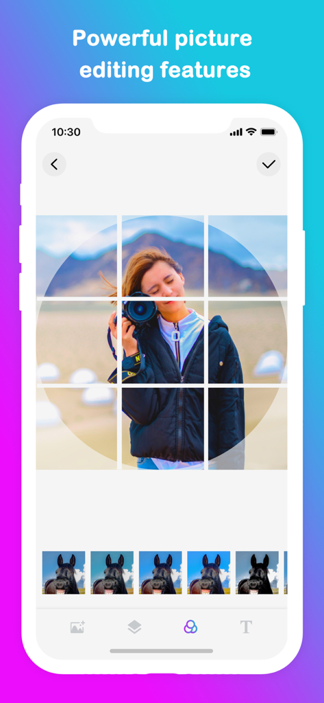 Grid Post Pic Collage Maker - A mobile interface of Grid Post app showing a woman holding a camera in a nine square grid layout with filter options