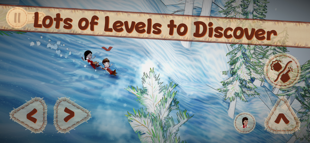 Pepelo 2: Around the World - Dois personagens descendo uma colina nevada na jogabilidade do jogo mobile Pepelo 2 Volta ao Mundo.