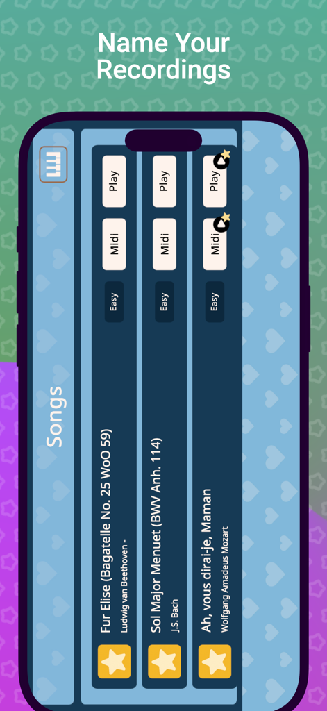 Simple Melodica - A list of saved musical recordings in the Simple Melodica app showing playback and MIDI export options for songs like Fur Elise