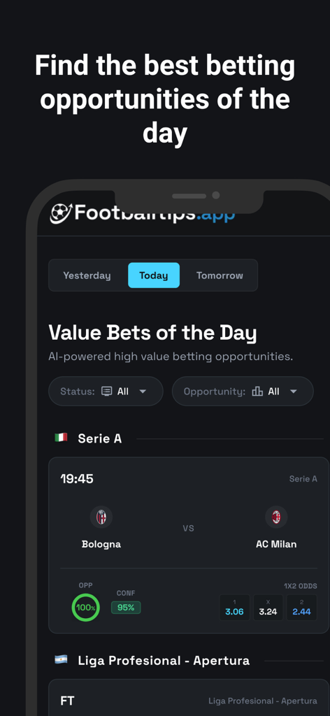 Interfaccia dell'app FootballTips che mostra previsioni di scommesse sul calcio potenziate dall'IA e scommesse a valore giornaliere.