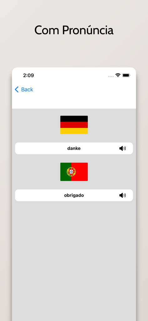 German and Portuguese translation interface with audio pronunciation for the words danke and obrigado