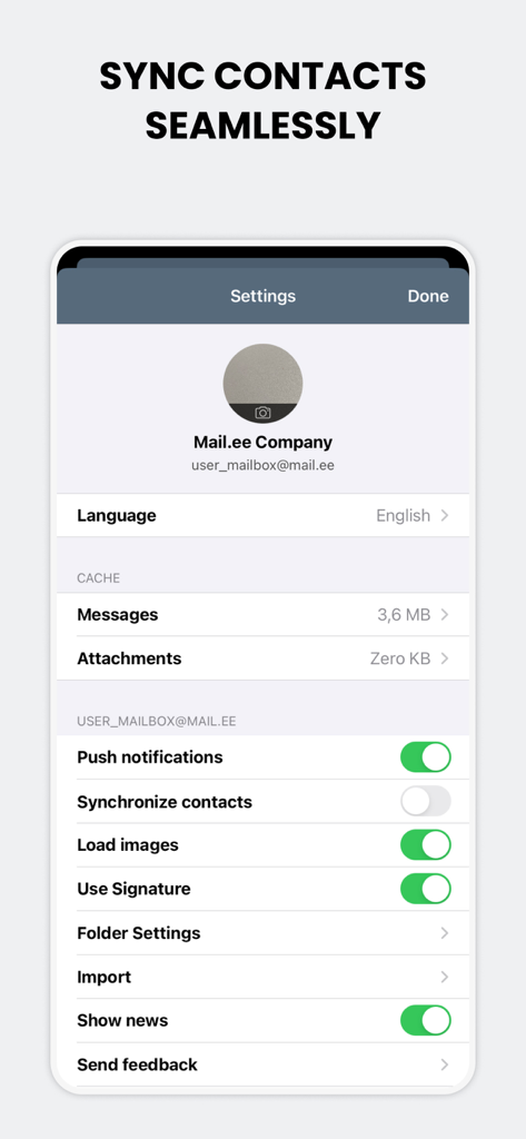 Écran des paramètres de l'application Mail.ee affichant les options de synchronisation des contacts et de notification