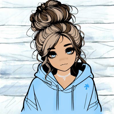realistic girl with a massy bun and a hoodie