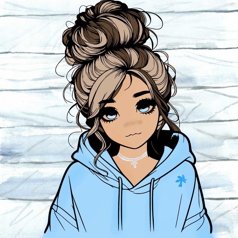 realistic girl with a massy bun and a hoodie