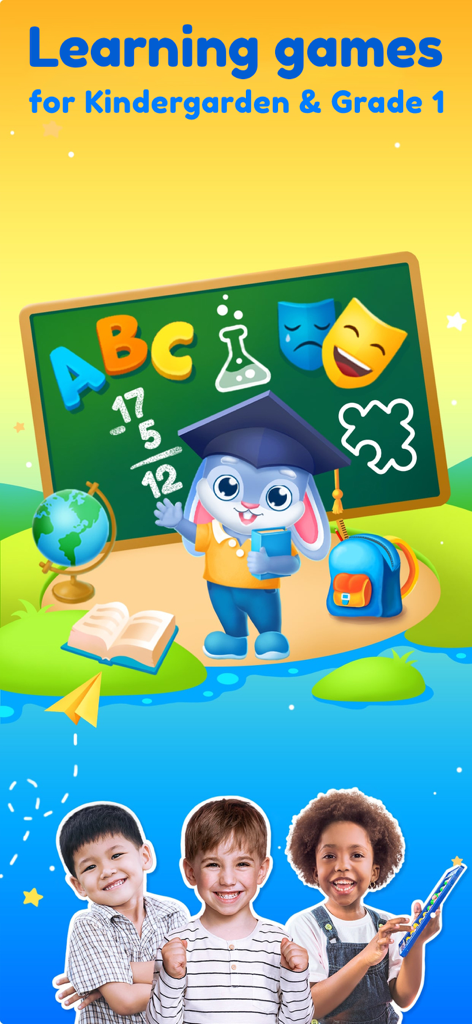 Phonics, reading kindergarten - Binky Academy learning games for kindergarten and grade 1 children featuring a rabbit mascot and smiling students