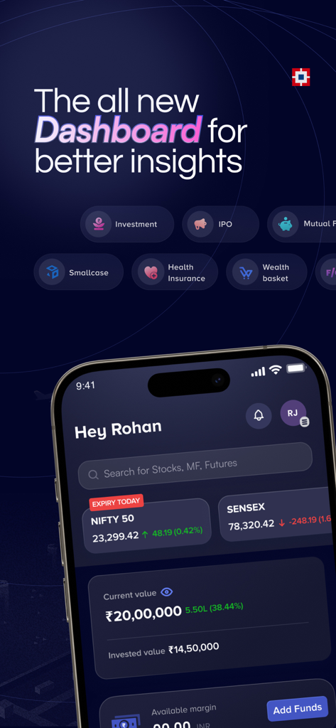 HDFC Securities InvestRight - Mobile screen of HDFC Securities InvestRight app dashboard showing NIFTY 50 and SENSEX market trackers along with a portfolio summary