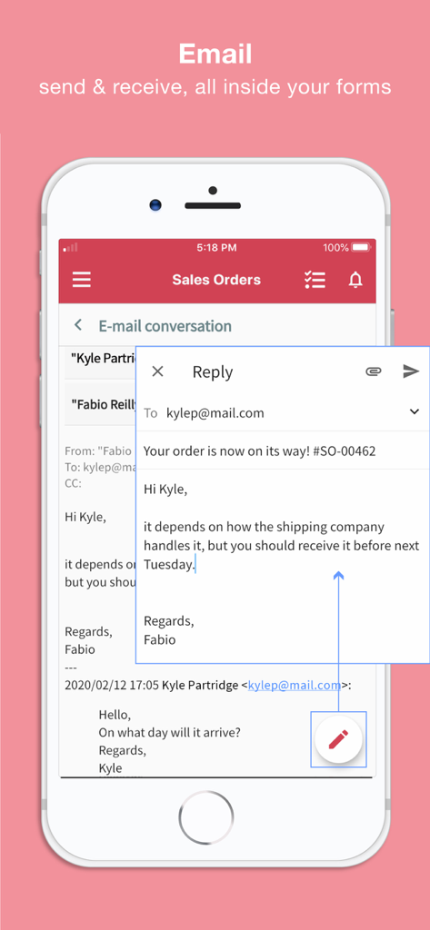Interfaz de la aplicación móvil Ragic que muestra una ventana de conversación de correo electrónico integrada dentro de un formulario de pedido de venta