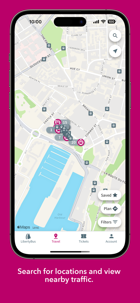 LibertyBus - LibertyBus 앱 인터페이스에 버스 노선과 실시간 정류장이 표시된 저지 지도.