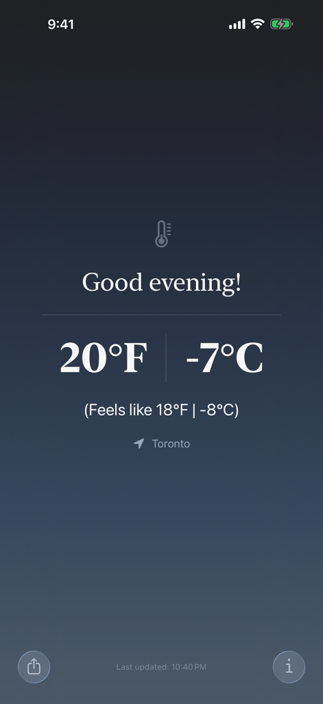 40 Below - 40 Belowアプリのインターフェースに、現地の温度が華氏と摂氏（セルシウス）で同時に表示されています。