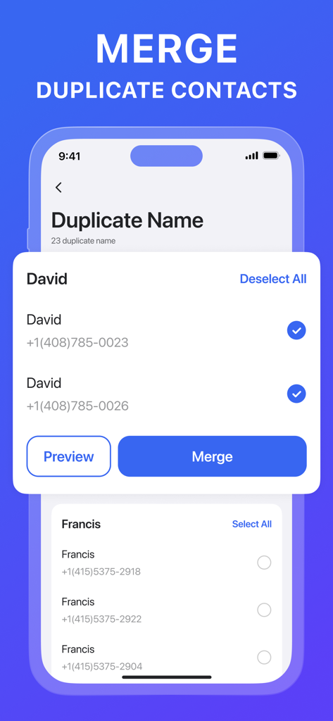 Oberfläche der Ora Cleaner App, die die Funktion zum Zusammenführen doppelter Kontakte anzeigt.
