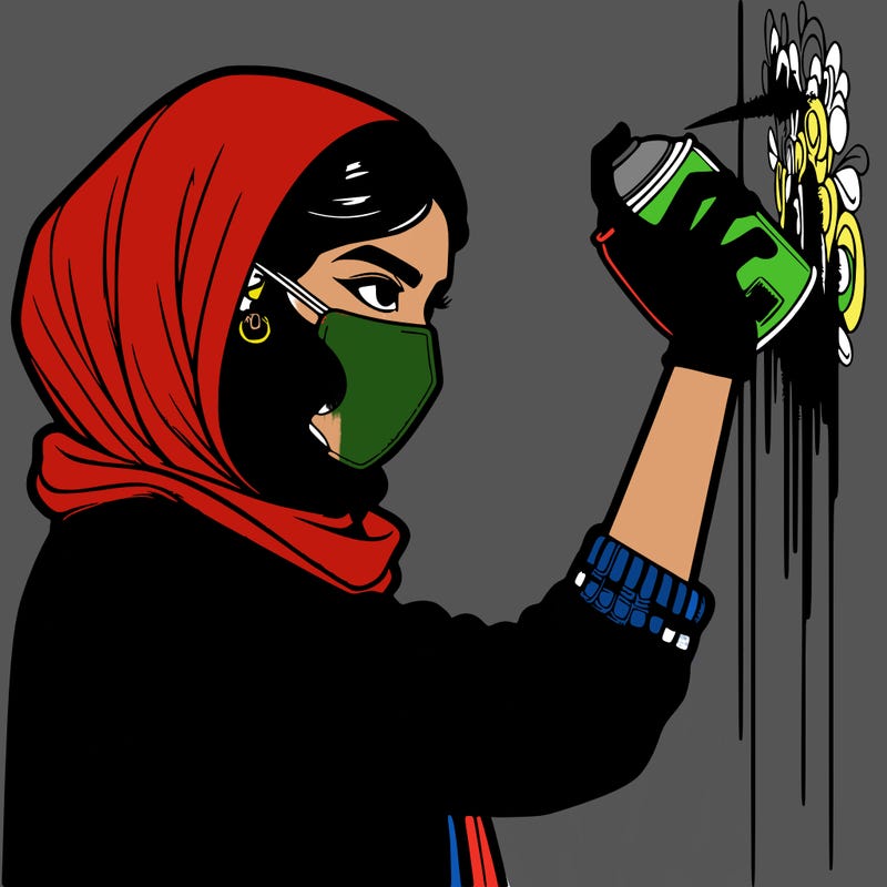 realistic girl with mask spray painting a wall