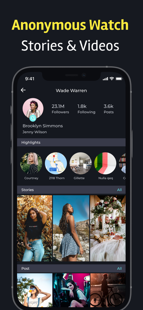 Interfaccia dell'app per la visualizzazione anonima di storie e video sui social media