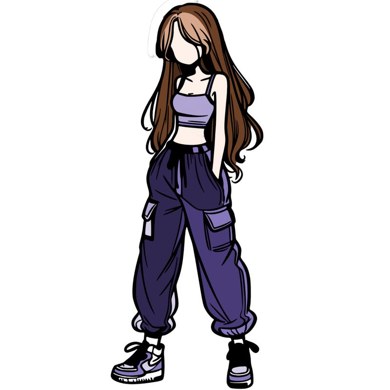 girl in baggy pants crop top and long hair