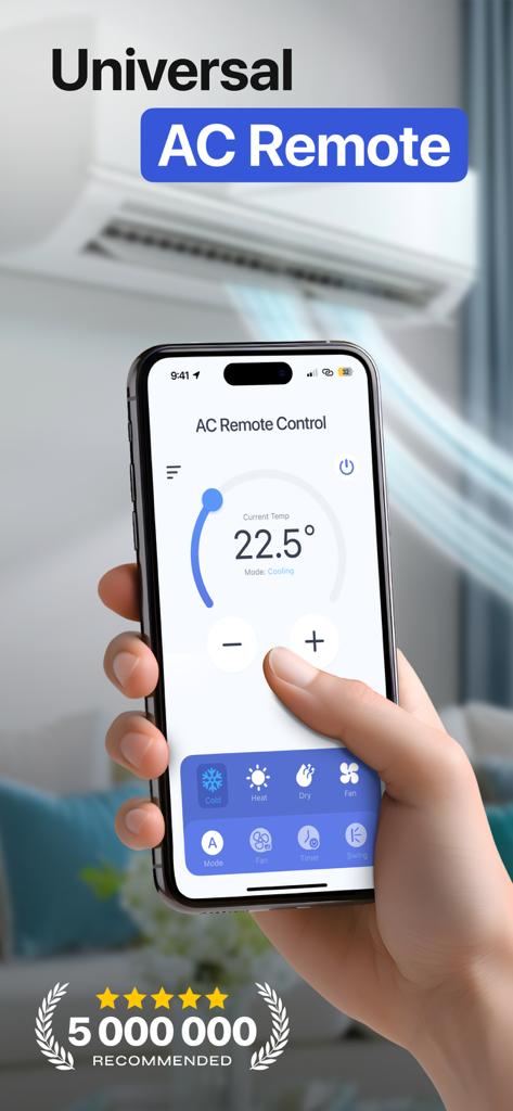 A hand holding a smartphone displaying the Universal AC Remote Control app interface to adjust temperature and cooling modes