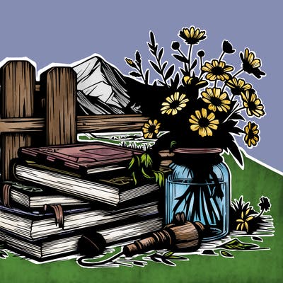 rustic books and wildflowers realistic