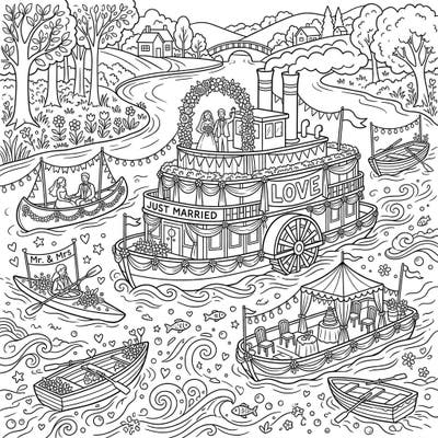 Set sail for a romantic adventure with this delightful wedding river boats coloring page, perfect for celebrating love on the water. Discover various beautifully adorned watercraft, from elegant steamboats to charming canoes, all dressed up for a special day.