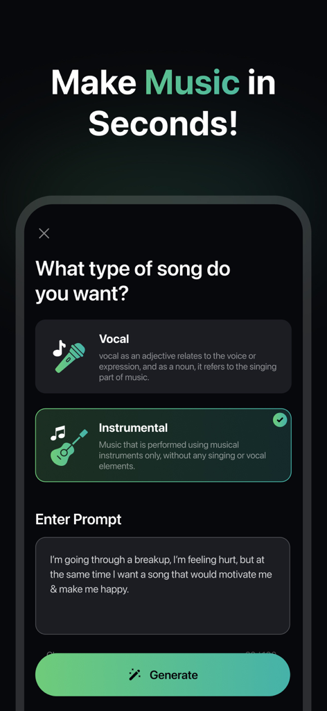AI Song Creator & Maker - SS9 - Interfaz de una aplicación de creación de música con IA que muestra la selección entre pistas vocales e instrumentales con un campo de texto