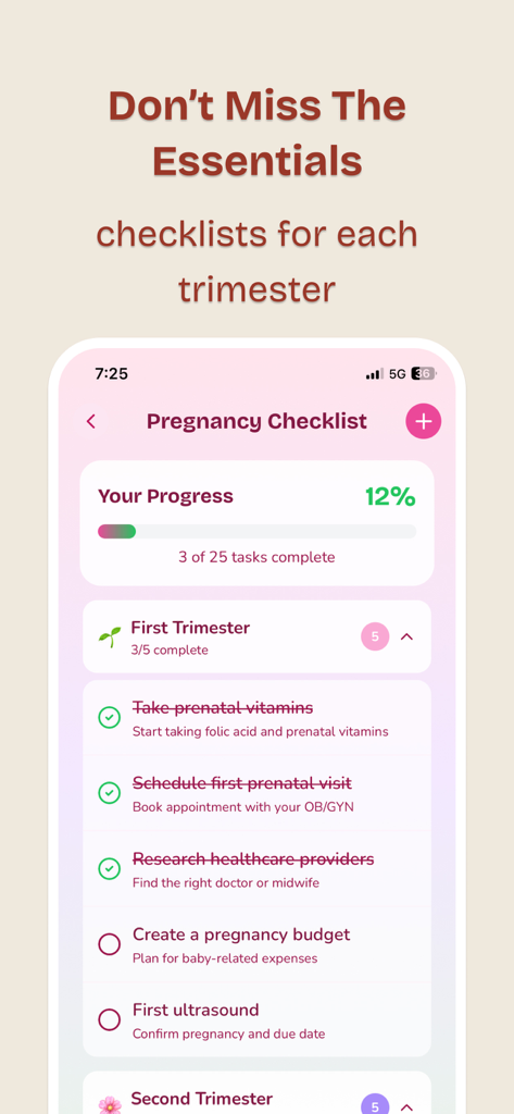 Pregnancy Tracker: Wombly - Wombly app pregnancy checklist showing progress and tasks for the first trimester
