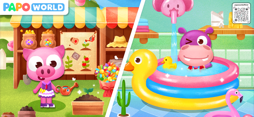 Papo Town Play House - A pink pig character gardening and a hippo character playing in a colorful inflatable pool in Papo Town Play House.