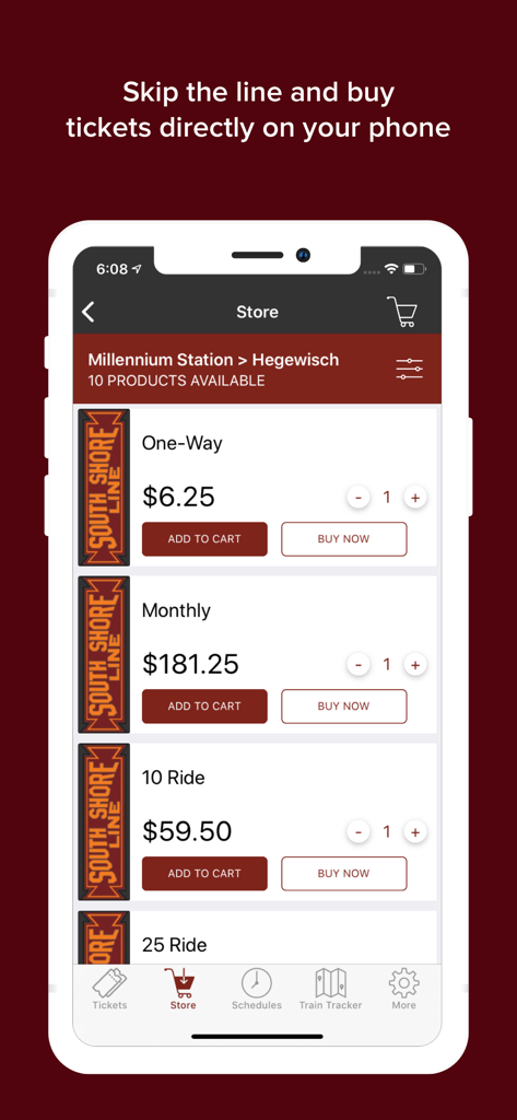 South Shore - Interface of the South Shore Line app showing different train ticket types and prices