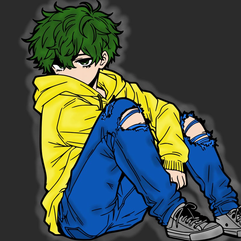 a male hoddie ripped jeans messy hair anime