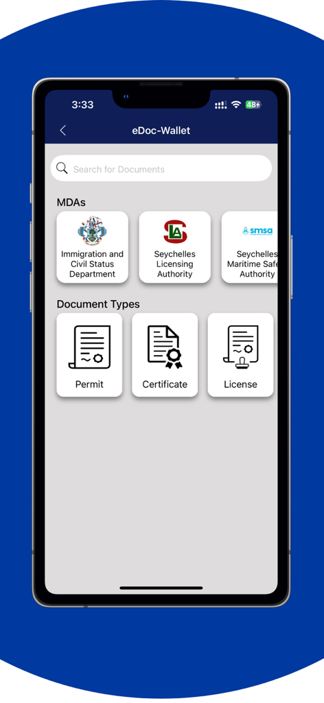SeyID app eDoc-Wallet screen showing digital document categories for permits certificates and licenses