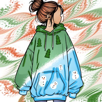 realistic girl with a oversized sweatshirt on and a bun