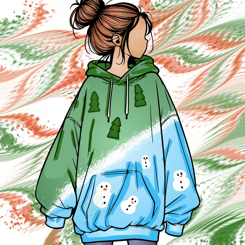 realistic girl with a oversized sweatshirt on and a bun