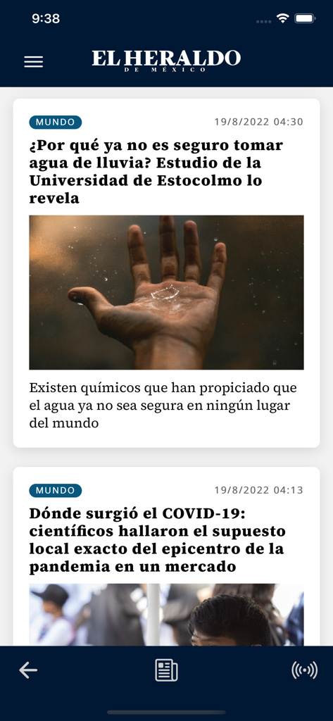 Mobiler Nachrichten-Feed der El Heraldo de Mexico App, der Artikel zu Weltthemen anzeigt, darunter Regensicherheit und Pandemieursprünge.