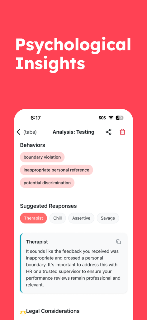 RedFlagAI - RedFlagAIモバイルアプリのインターフェース。心理的行動分析と、セラピストの返信スクリプトの提案が表示されています。