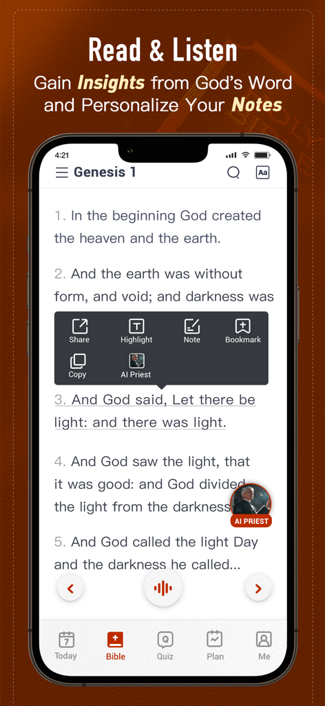 Holy Bible, KJV Bible + Audio - Tela móvel mostrando o texto de Gênesis 1 com ferramentas de estudo bíblico e um recurso de Sacerdote IA