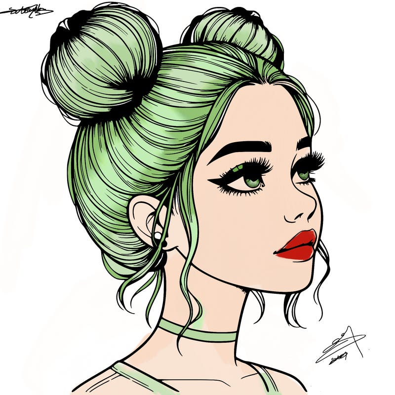 realistic girl with buns on the top of her head