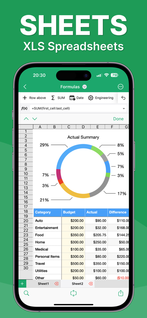 Captura de pantalla móvil de la aplicación Office 7 con una hoja de cálculo que muestra una tabla de presupuesto y un gráfico circular de colores
