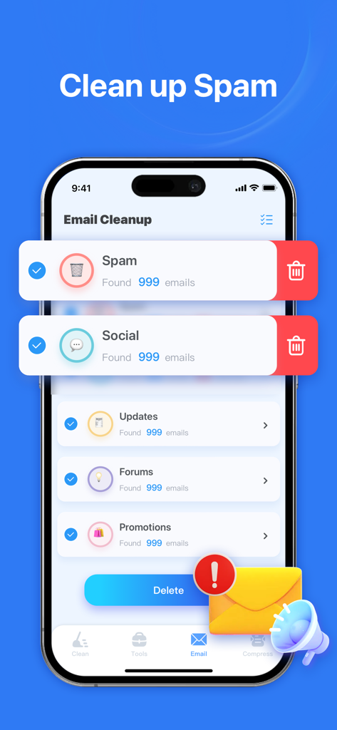Interface of Smart Cleaner app showing categories for cleaning up spam and promotional emails.