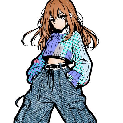anime teen girl with baggy pants and crop top with sweater