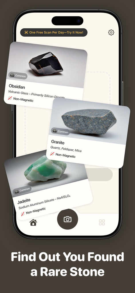 Stone Identifier by RockPic - Interfaz de la aplicación móvil RockPic que muestra resultados de identificación para los minerales Obsidiana Granito y Jadeita