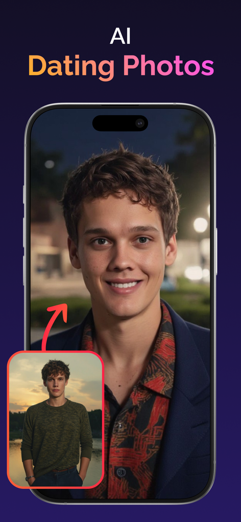 AI Photo - Headshot Generator - Pantalla de smartphone mostrando fotos de citas profesionales generadas por IA para un hombre