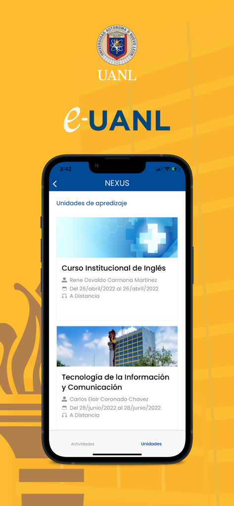 Interfaz de la aplicación e-UANL Campus Digital que muestra unidades de aprendizaje de Nexus para estudiantes universitarios